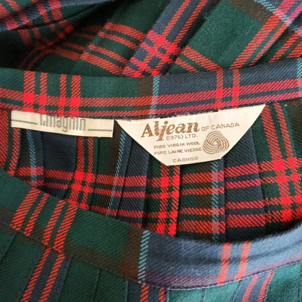 Aljean Skirt Vintage Plaid Pure Virgin Wool Pleated Kilt Midi Green Red 28W